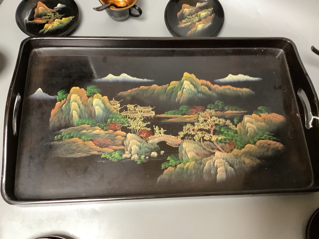 A Chinese papier mache teaset on tray